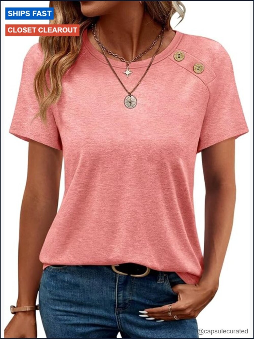 Button Detail Crew Neck Short Sleeve Tee Summer Casual Top